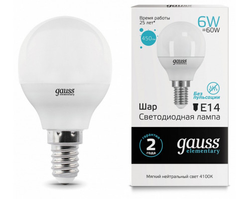 Лампа светодиодная Gauss LED Elementary Globe E14 6Вт 4100K 53126