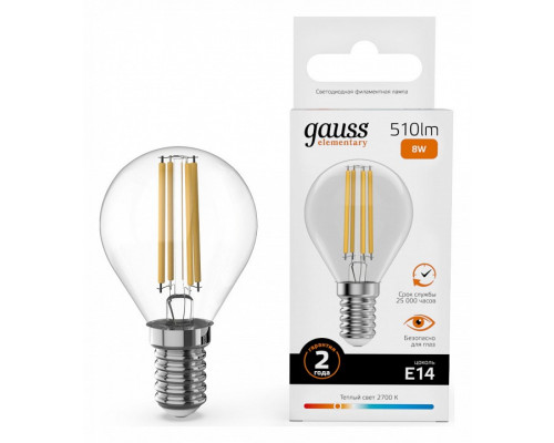 Лампа светодиодная Gauss Filament Elementary E14 8Вт 2700K 52118